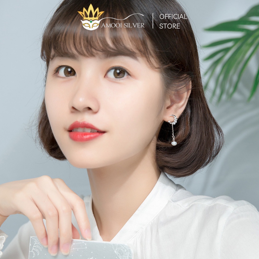 Bông Tai Bạc S925 Dáng Tua Dài Mẫu Mặt Trăng Tua Rua - Amooi Silver AB191