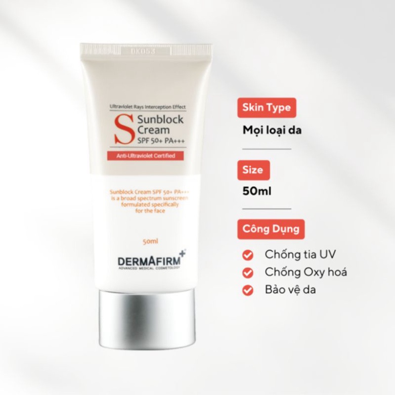 KEM CHỐNG NẮNG DERMAFIRM SUNBLOCK SPF 50+ PA+++ cho da khô, dầu, mụn nhạy cảm 50ML