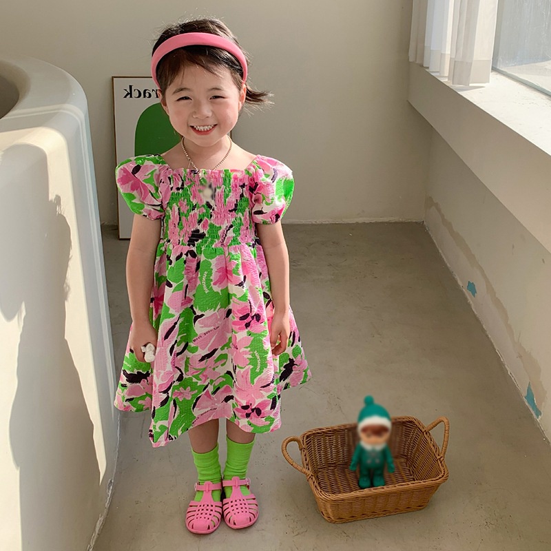 Đầm Bé Gái Đầm Tay Ngắn Cổ Vuông In Hoa Thời Trang Mùa Hè Dành Cho Bé Gái Se7en