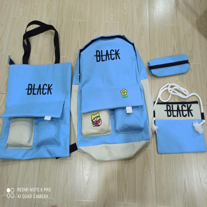 Balo nữ ẢNH THẬT Bộ 4 món Balo nữ túi ví BLACK tặng 2 sticker