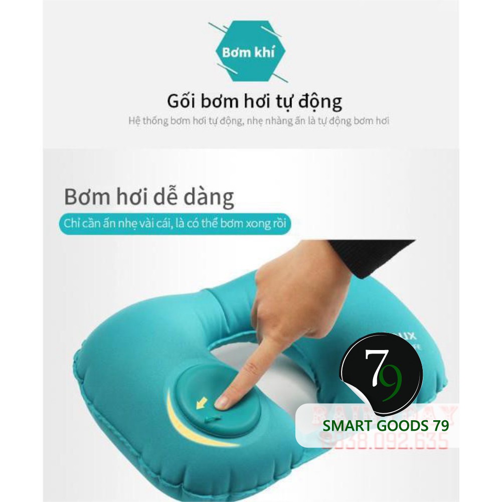 [Freeship 248] Gối hơi kê tựa cổ chữ u tự bơm hơi du lịch để ngủ văn phòng đi xe hơi ô tô máy bay bằng vải gấp gọn