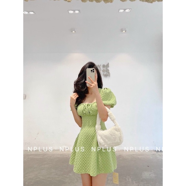 ĐẦM XỐP XANH CỔ VUÔNG CUT OUT LƯNG XẾP NGỰC