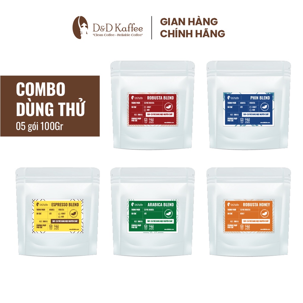 Cà Phê Nguyên Chất Rang Mộc D&amp;D Kaffee - Combo 5 Gói Dùng Thử - Mỗi Gói 100gr [Tổng 500gr]