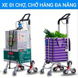 Xe đẩy kéo hàng inox đa năng leo bậc thang. Xe đi chợ, đi siêu thị chở hàng 2 trong 1 kèm túi vải
