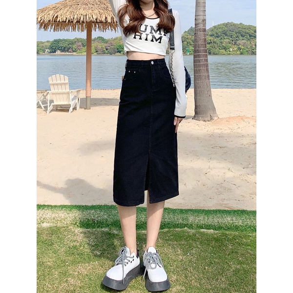 Chân Váy Jean Dáng Dài Xẻ Trước Thời Trang Phong Cách Hàn Quốc V03
