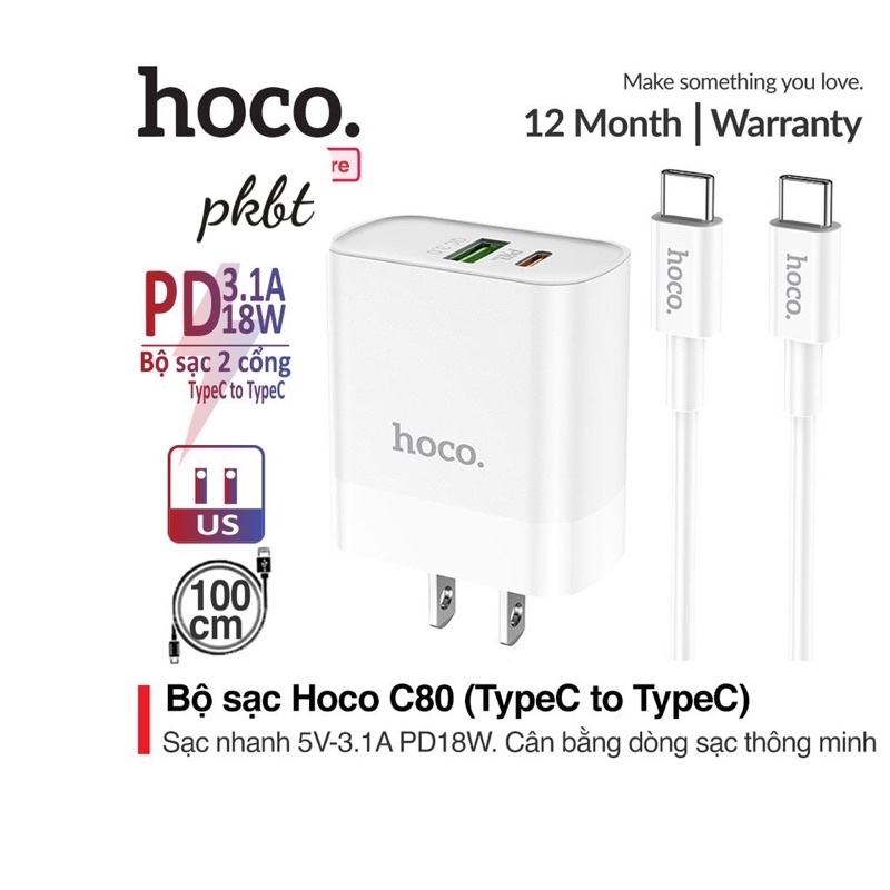 ✔NowShip✔️ Bộ Cốc sạc nhanh 2 cổng USB và TYPE C+Cáp sạc Type-C to Type-C Hoco C80 QC3.0+PD 18W cho nhiều dòng máy