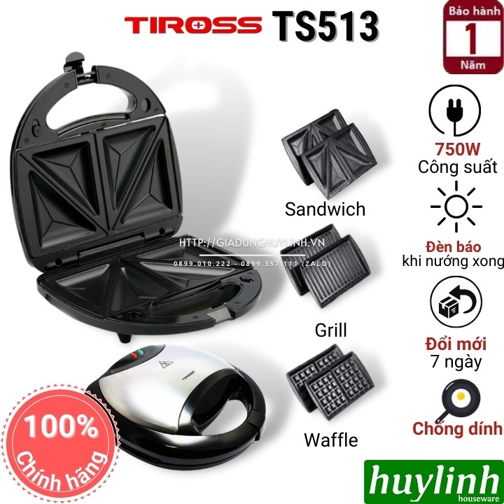 [Mã ELHAMS5 giảm 6% đơn 300K] Máy nướng bánh sandwich, hotdog, waffle Tiross TS513 - 3 trong 1