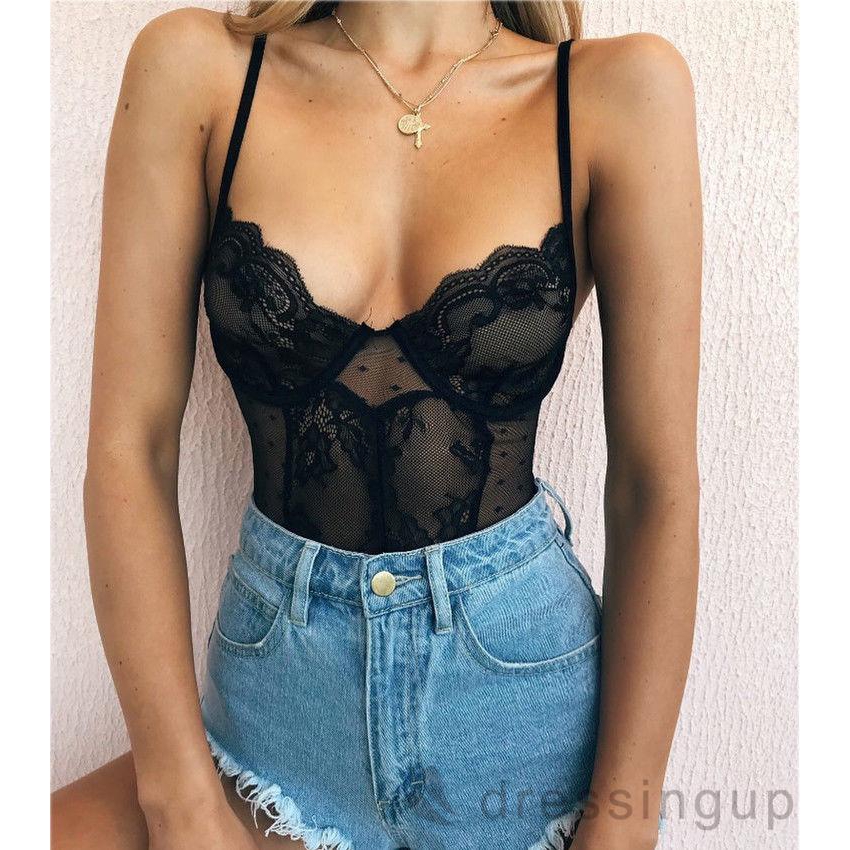 Bodysuit Hai Dây Phối Ren Quyến Rũ Liền Quần