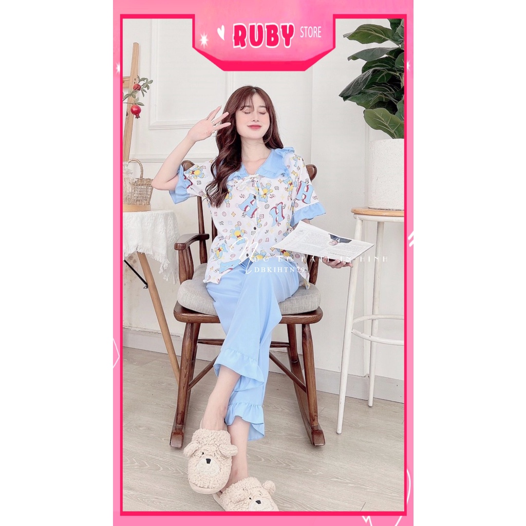 Đồ bộ tiểu thư cho nữ mặc nhà chất kate mềm mát in hình gấu hoạt hình dễ thương DBKIHTN79