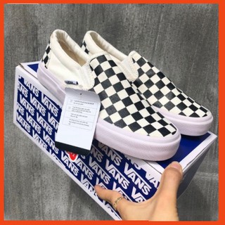 Giày Lười Nam Nữ - Giày Thể Thao Slip On Vans Caro kẻ sọc đen trắng cá tính, đế êm lót da Cao Cấp D18 HOT