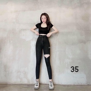Jeans Dài Nữ Lưng Cao Co Giãn Rách Tim