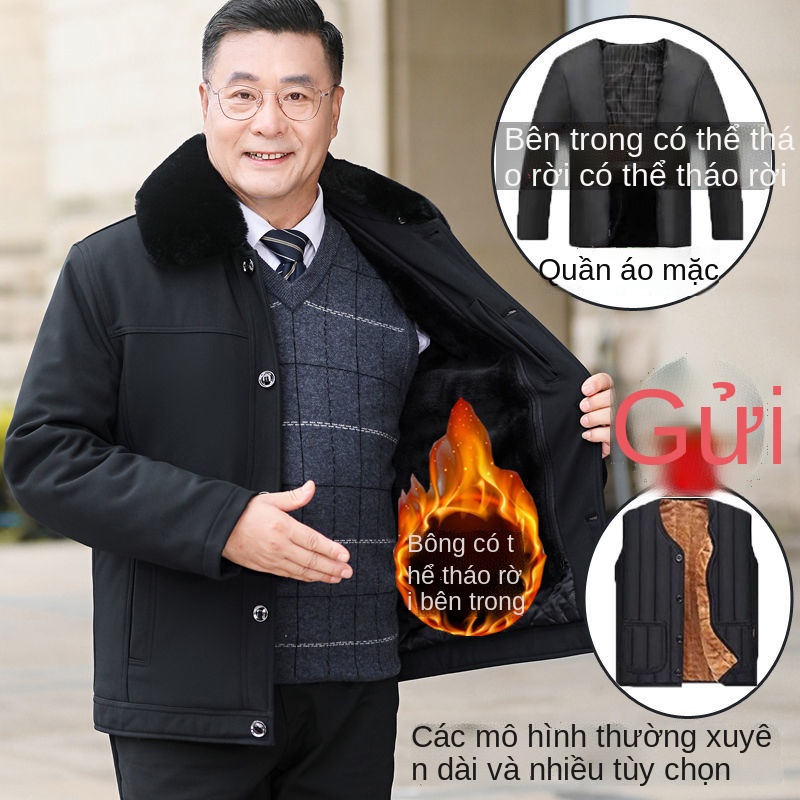 Áo khoác nam trung niên và người cao tuổi Quần già mùa thu đông Bố mặc đệm bông cộng với nhung dày độ dài