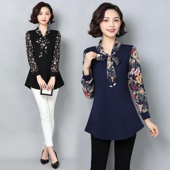 Áo thun cổ nơ tay voan họa tiết
