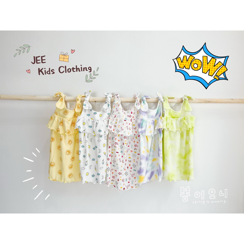 (8-23kg)-Jee Kids-Váy đầm thun tăm vai phối nơ tầng họa tiết siêu cute cho bé gái (ảnh thật)