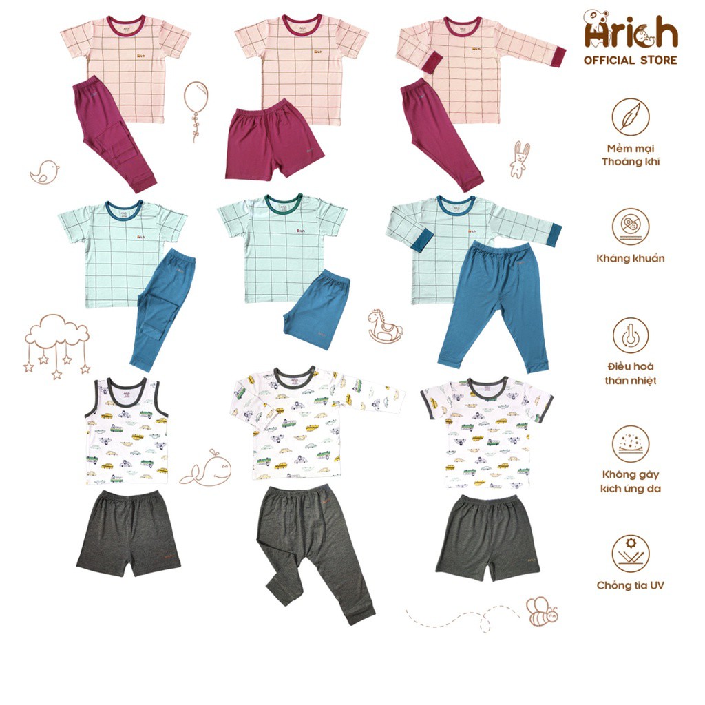 Combo gồm 3 bộ: cộc cài vai ,áo cộc quần dài, dài tay cài vai cho bé sợi tre cao cấp Arich size 9 tháng đến 5 tuổi