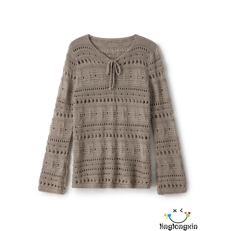 Áo Dệt Kim Tay Dài Cổ Tròn Thắt Dây Chéo Màu Trơn Phong Cách Vintage Dành Cho Nữ Linglongxi2-Y2K