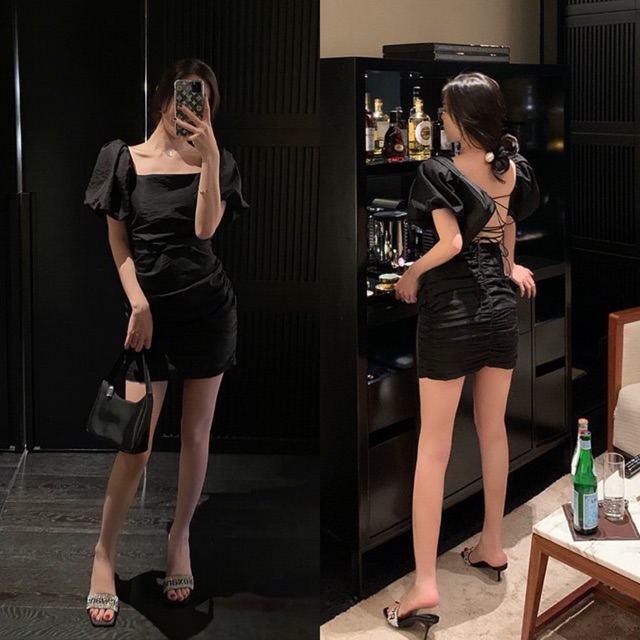 [Mã SKAMSALEP6 giảm 10% tối đa 100K đơn 150K] ĐẦM ĐEN NHÚN BODY DÂY CHÉO LƯNG