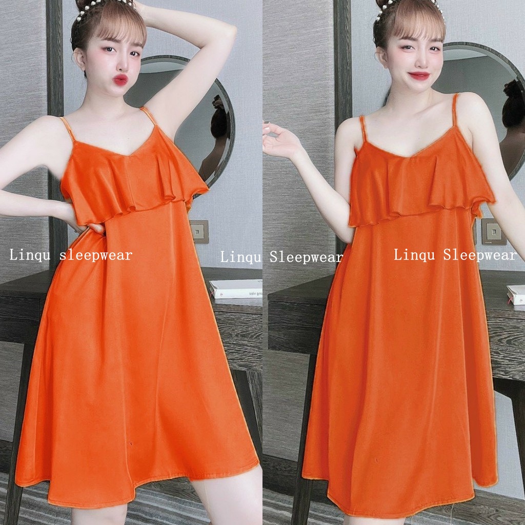 Váy ngủ 2 dây lụa, Váy ngủ sexy chất latin mềm mát kèm quần Freesize &lt;60kg - Linqustore
