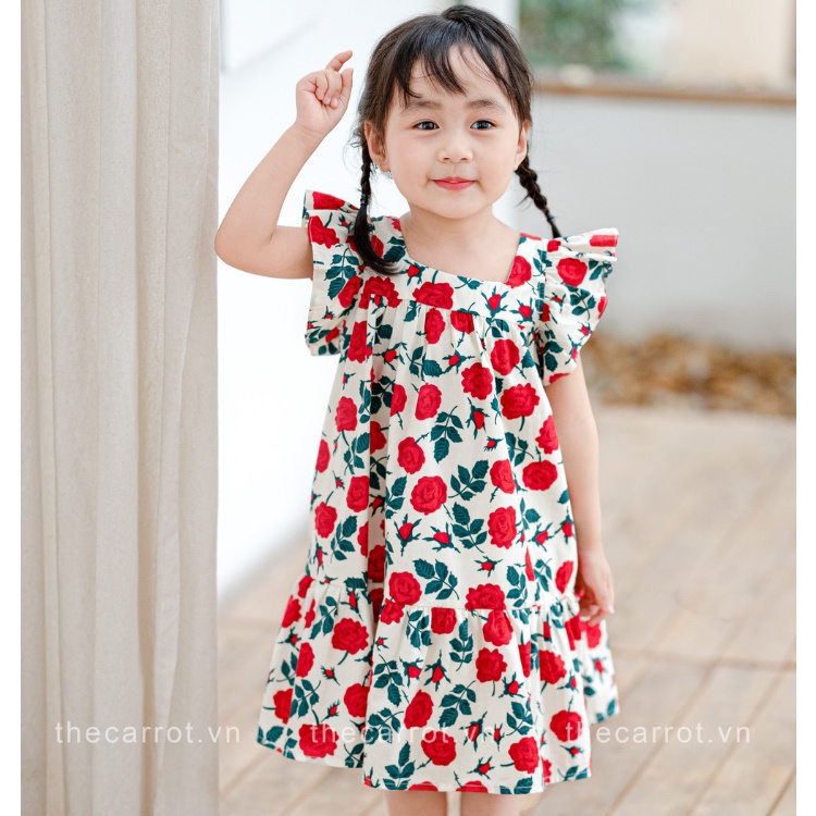 Váy bé gái CARROT, dáng baby doll tay tiên, họa tiết hoa hồng đỏ, chất Thô cotton thấm hút mồ hôi