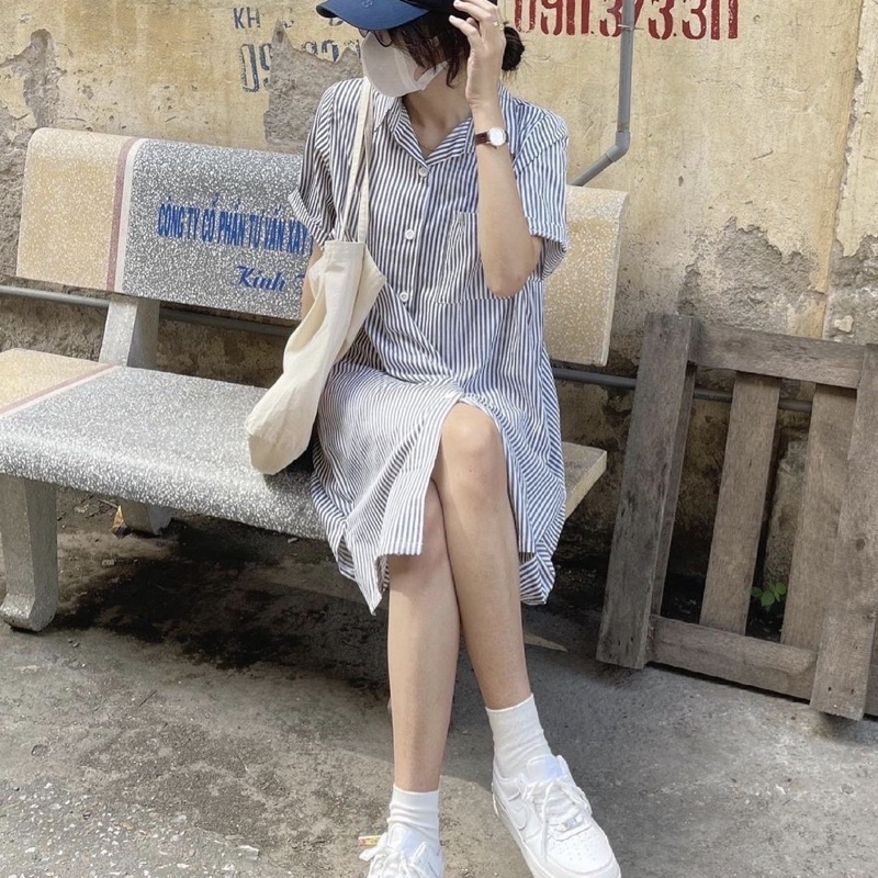 Váy sơ mi suông cộc tay kẻ sọc dọc siêu dễ mặc basic vintage