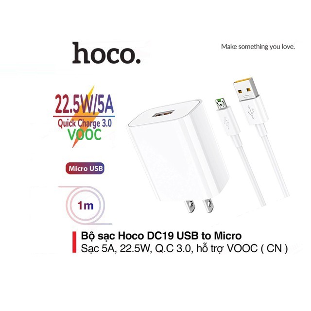 Bộ sạc nhanh 5A/22.5W Hoco DC19 chuôi dẹt kèm dây sạc Micro dài 1M , sạc VOOC cho Android