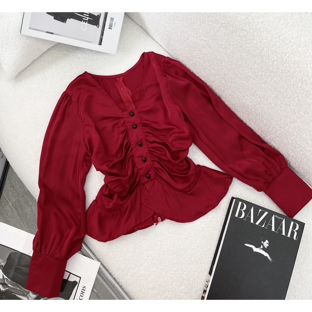 Áo peplum nữ, áo nữ kiểu tay dài cổ v nhíu ngực cực kỳ cá tính phối cúc xòe nhẹ cực xinh hàng cao cấp Diểm Shop | BigBuy360 - bigbuy360.vn