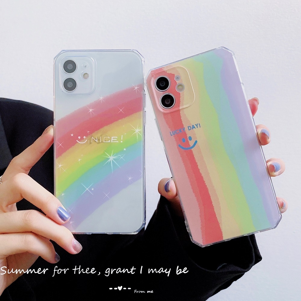 Casing Samsung Galaxy S22 S22+ S21 S21+ S20 S20+ S10 S10+ FE Note 20 10 Ultra Plus Lite 4G 5G Cute Clear Lucky Rainbow stripe smiley Tpu Straight Edge Soft Phone Case Cover WET 05