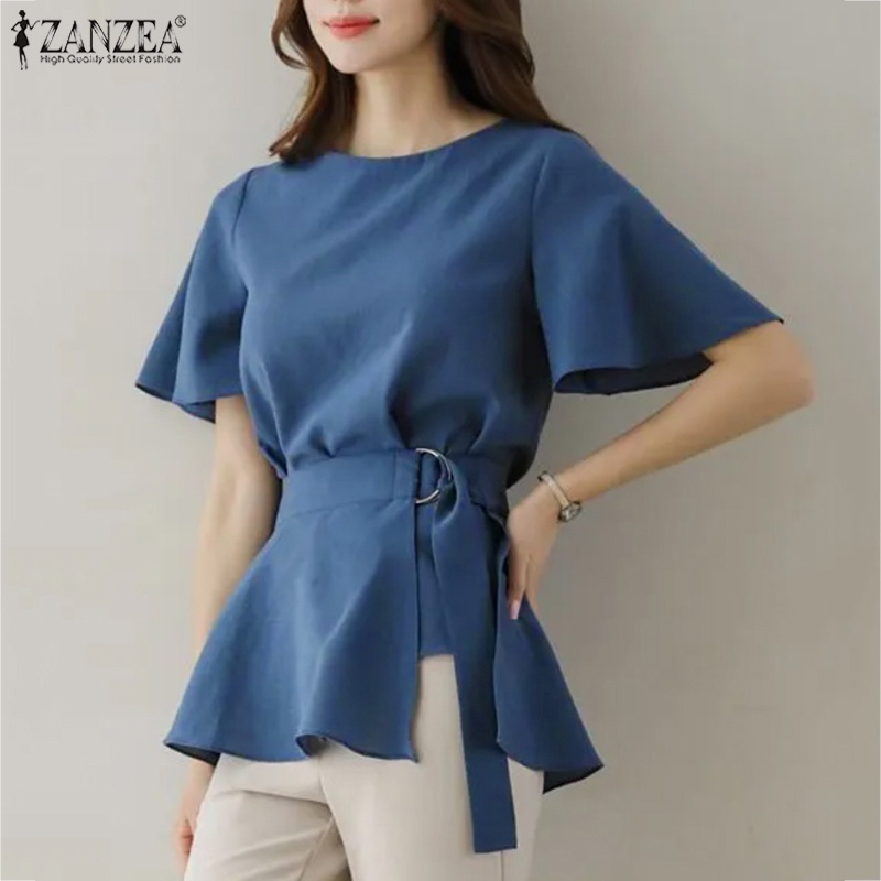 Áo sơ mi ZANZEA tay ngắn cổ tròn phong cách Hàn Quốc thời trang thanh lịch cho nữ