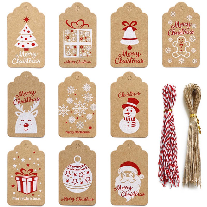 100pcs New Christmas Kraft Paper Tag Retro Snowflake Deer Paper Card Christmas Tree Decoration Label