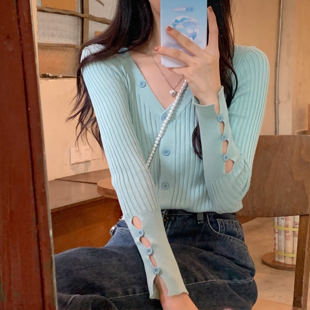 Áo khoác cardigan dệt kim tay dài cổ chữ v phối nút phong cách hàn quốc thời trang mùa thu mới cho nữ