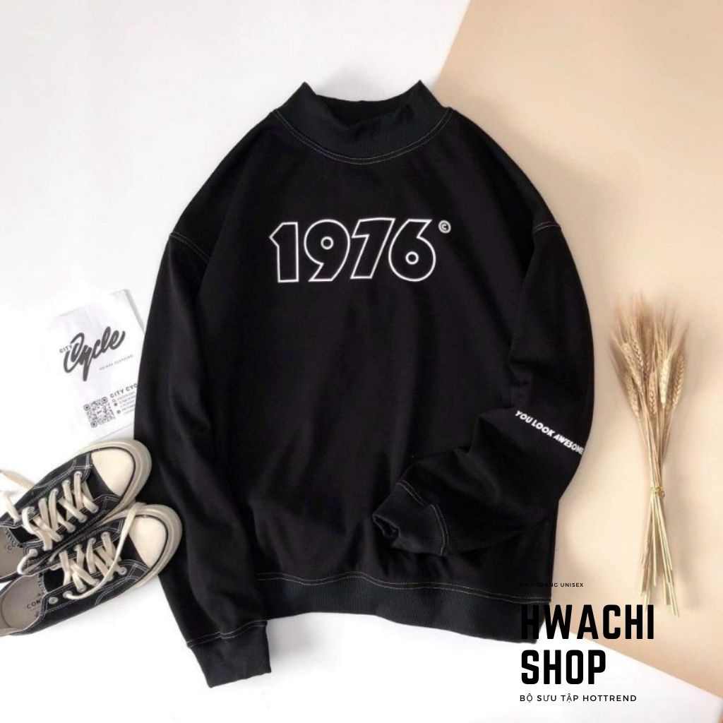 Áo sweater nỉ nam nữ, áo nỉ Unisex basic sweater dáng rộng in chữ 1976 2 màu so Hot G045 | BigBuy360 - bigbuy360.vn