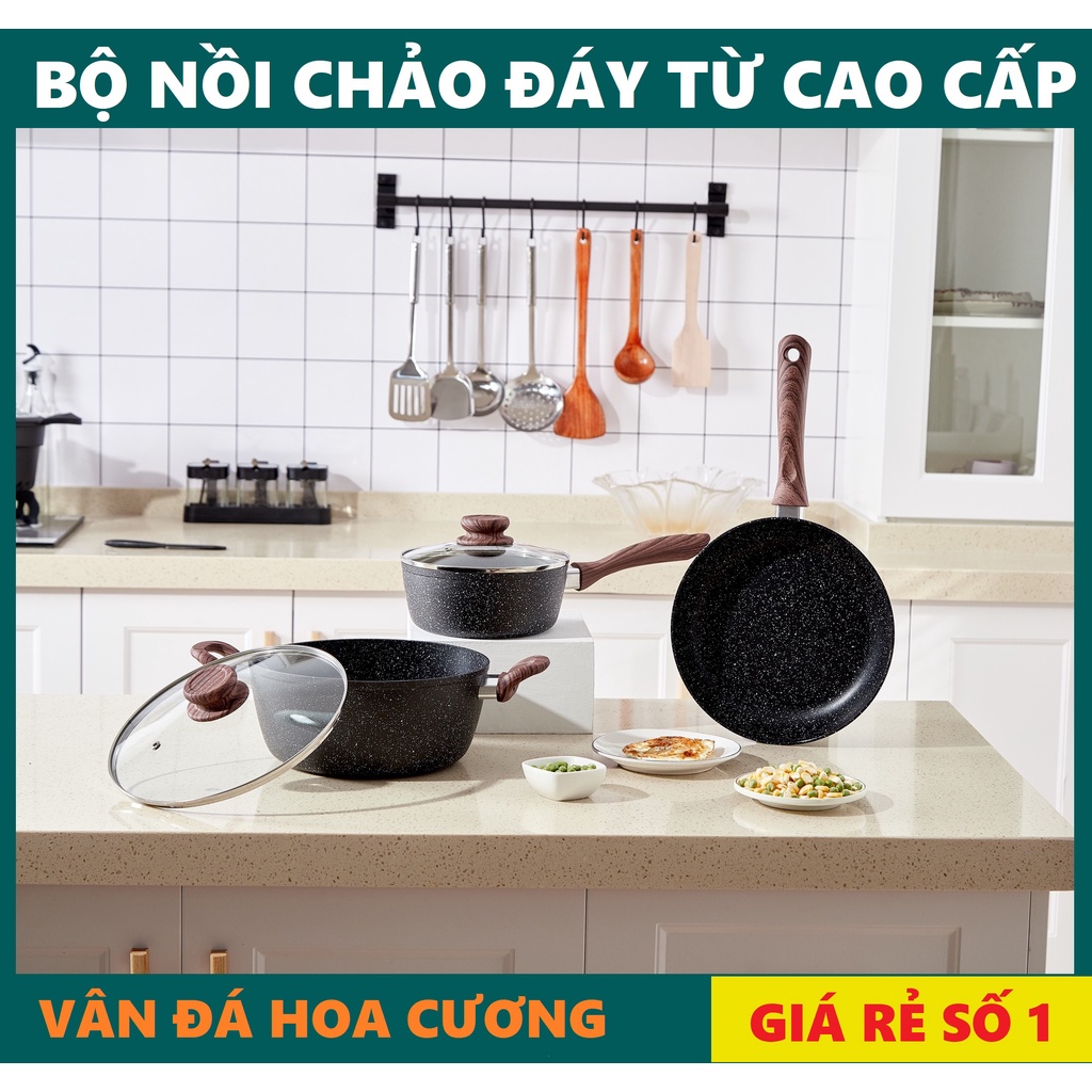 Nồi vân đá đáy từ chống dính có nắp đậy, hợp kim nhôm cao cấp, bắt từ cực nhanh, size 16cm-18cm-28cm