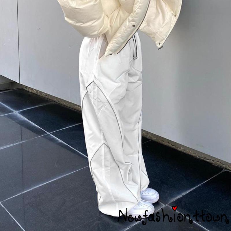 Nfashion-y2k Quần Baggy Joggers Lưng Cao Co Giãn Ghép Vải Sọc Tương Phản Phong Cách Hippie Đường Phố Cho Nữ