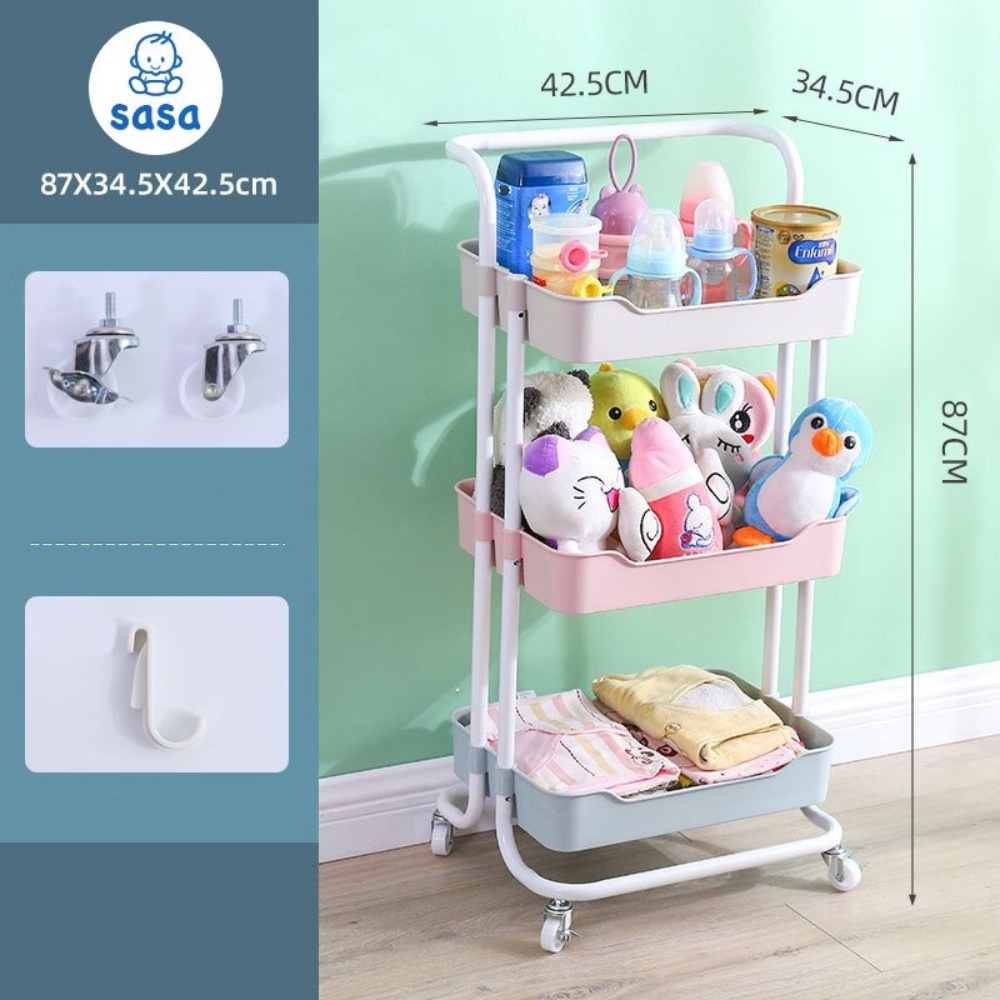 Kệ 3 Tầng Đa Năng Có Bánh Xe, làm Xe Đẩy Spa đựng đồ bỉm sữa cho mẹ và bé - set rổ chia kệ Umoo