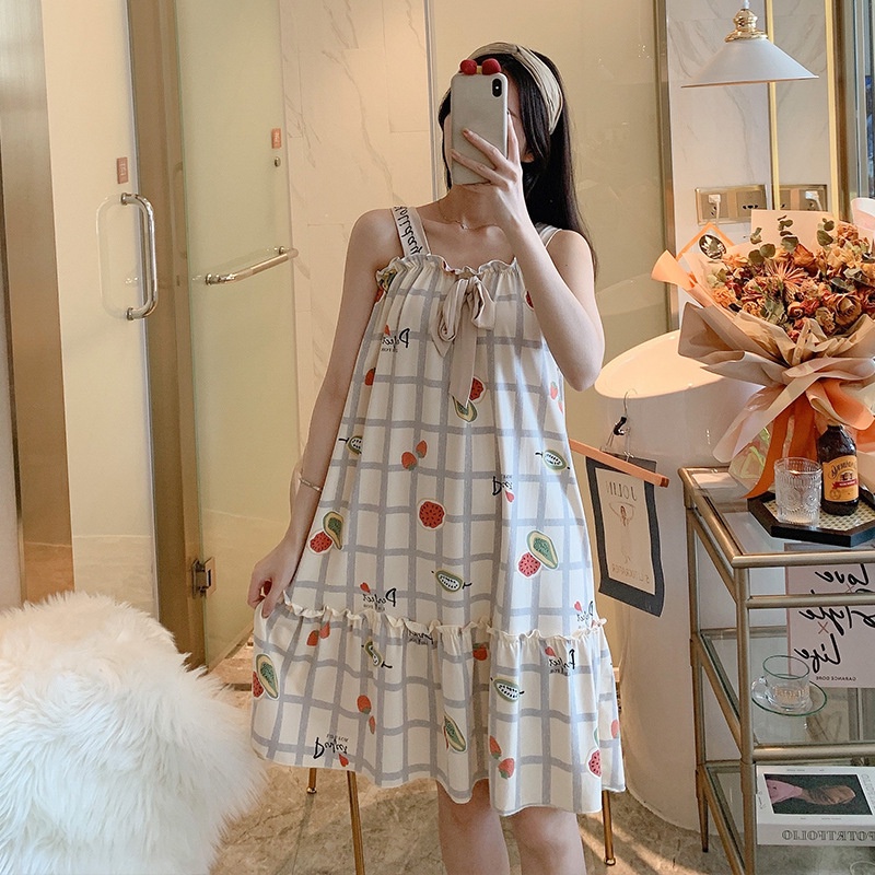 Váy Ngủ Nữ Hai Dây Dáng Suông Qua Gối, Đầm Ngủ Thun Cotton Phối Nơ Latozia BDN19