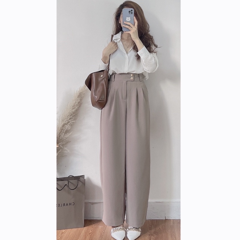 Quần tây ống rộng cạp cao 2 cúc dáng suông vải lụa hàn Quần 100cm cạp lệch phong cách Hàn Quốc
