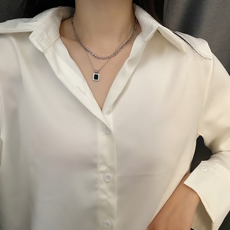 Vòng cổ Hai Lớp Mặt Vuông Màu Đen Phong Cách Hàn Quốc Dành Cho Nữ