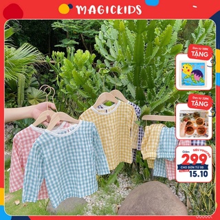 Bộ quần áo ngủ dài tay kẻ caro cổ tròn phối viền MAGICKIDS cho bé trai và bé gái từ 9-30kg