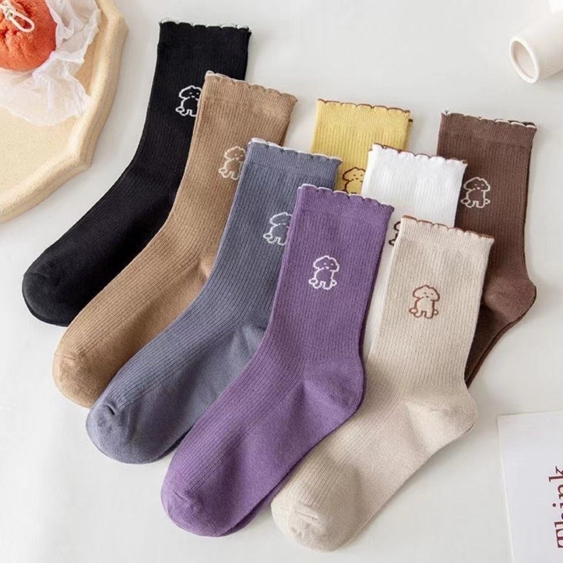Tất nữ cổ cao thêu hình cún nhún cổ bèo vớ Vintage đủ màu hình chú chó M002