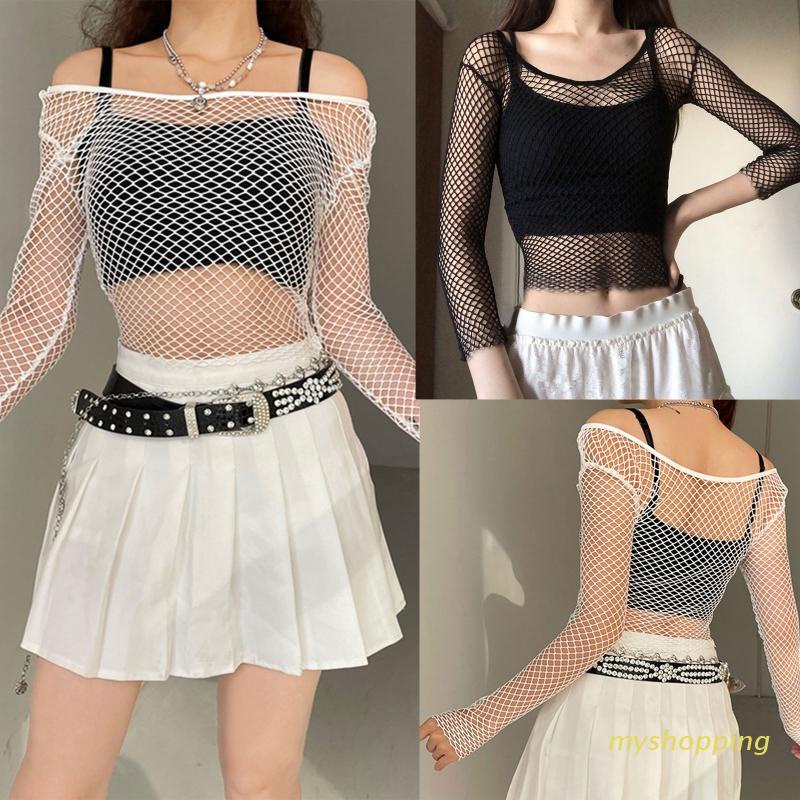 Áo Croptop Tay Dài Trễ Vai Thiết Kế Xuyên Thấu Thời Trang Mùa Hè Quyến Rũ Cho Nữ