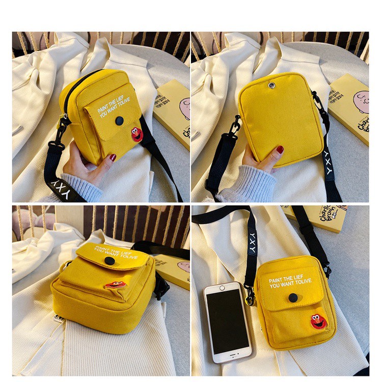 Túi đeo chéo vai bằng vải canvas thêu họa tiết hoạt hình Sesame Street phong cách Hàn Quốc thời trang cho nữ
