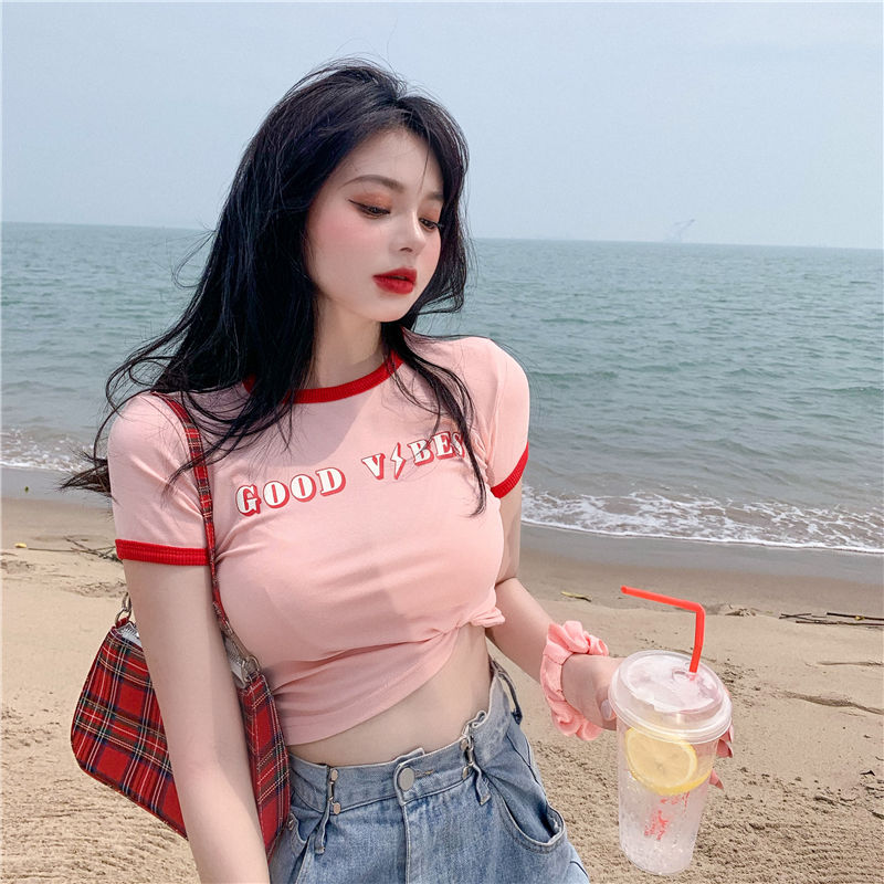 Áo thun tay ngắn ôm dáng màu hồng đào dáng ngắn hở mới thời trang dành cho nữ