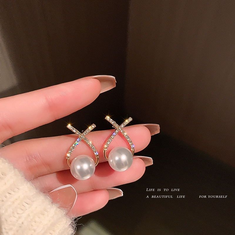 Bông Tai Mạ Bạc 925 Hình Chữ Đính Ngọc Trai Phong Cách Hàn Quốc