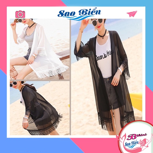 Áo choàng đi biển, áo khoác kimono nữ phối tua rua sang trọng màu đen, trắng