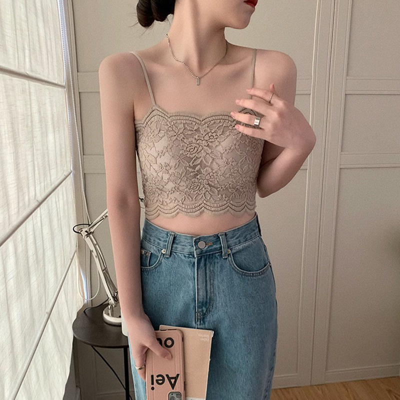 Áo Tank Top Hai Dây Có Mút Đệm Ngực Dáng Ôm Phối Ren Thời Trang Quyến Rũ Cho Nữ