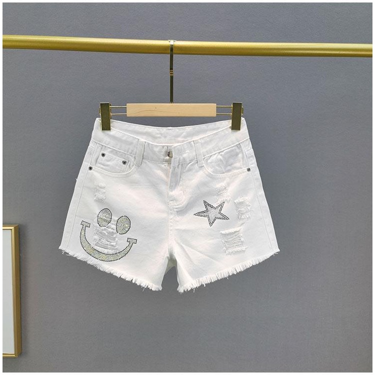 Quần short denim cạp cao dáng rộng màu trắng mùa hè 2022 cho nữ