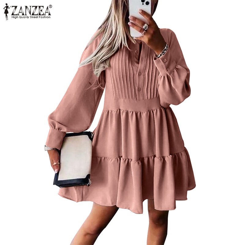 Đầm mini Zanzea dài tay phối bèo xếp ly phong cách cổ điển cho nữ