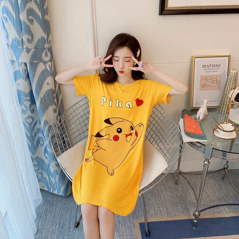 Đầm Ngủ Ngắn Tay In Họa Tiết Pikachu Xinh Xắn Dành Cho Nữ