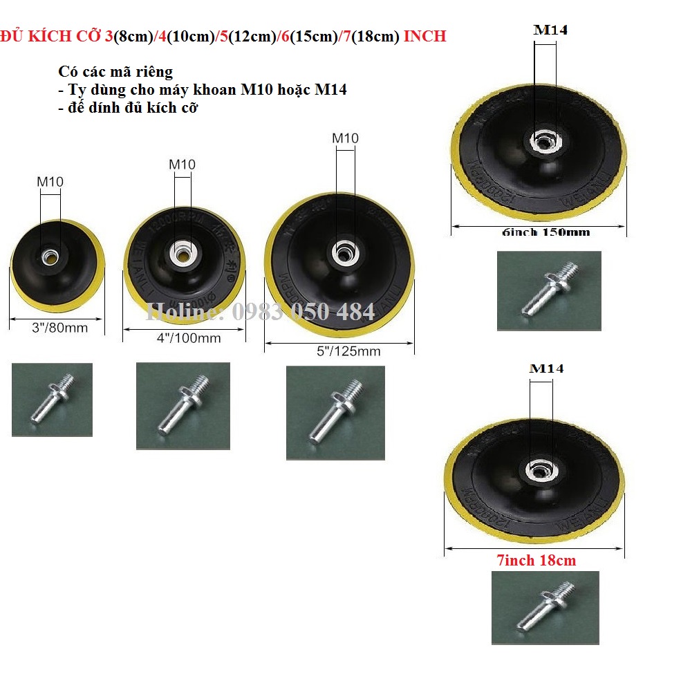 Đế dính, bát dán-Sử dụng cho máy chà nhám, đánh bóng cầm tay trục M10 hay trục M14 bát dính đủ kích cớ