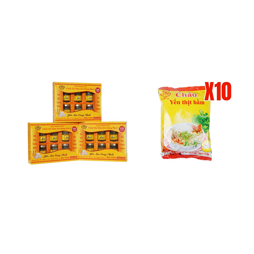 YẾN SÀO CUNG ĐÌNH-Bộ 10 hộp nước yến nhân sâm đường phèn tặng 10 gói cháo yến thịt bằm